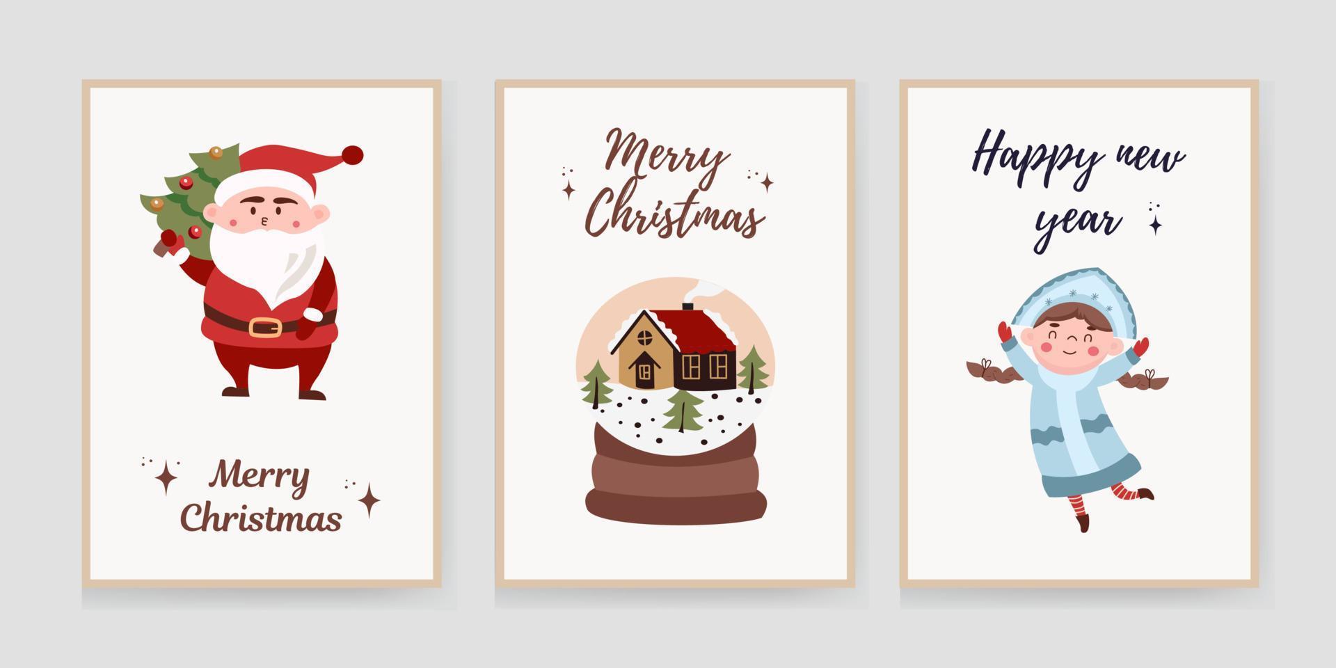 conjunto navideño de fondos, tarjetas de felicitación, carteles web, portadas navideñas. diseño con la imagen de santa claus, una pelota de juguete con una casa adentro, una doncella de nieve. plantillas de banner de fiesta de navidad. vector