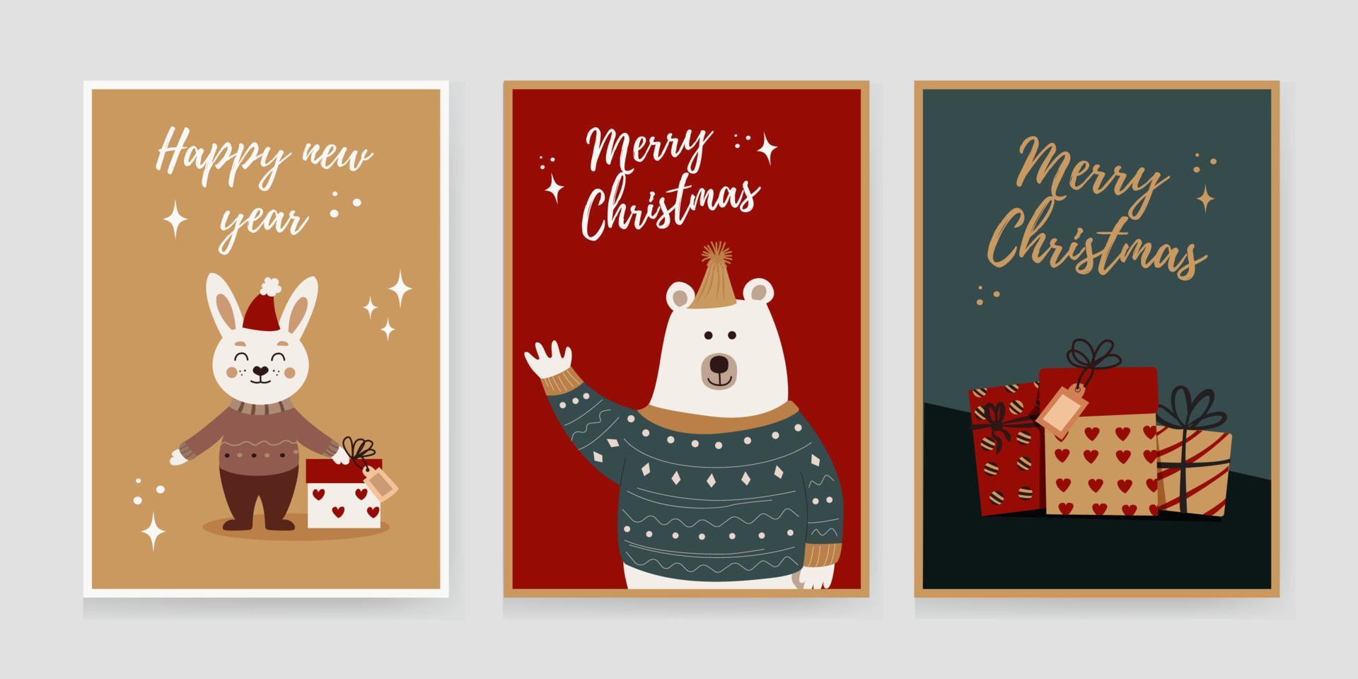 conjunto navideño de fondos, tarjetas de felicitación, carteles web, portadas navideñas. diseño con la imagen de una liebre, conejo, caja de regalo, regalos, oso. plantillas de banner para la fiesta de navidad. vector