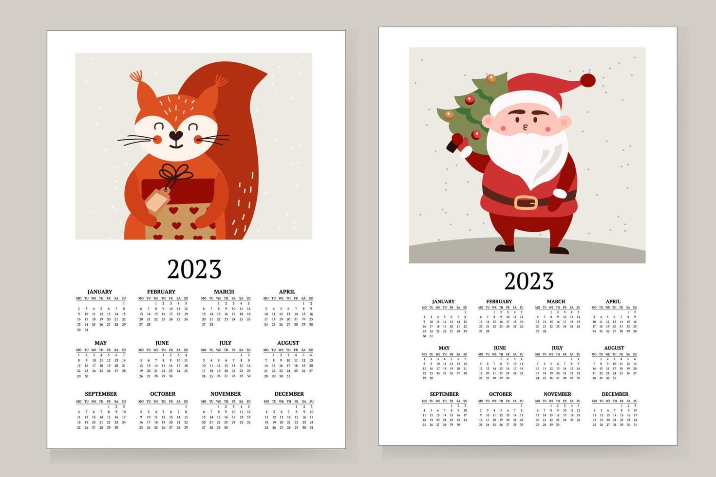 Vector illustration of the calendar year 2023. The week starts on Sunday. With a picture of a squirrels and santa claus.