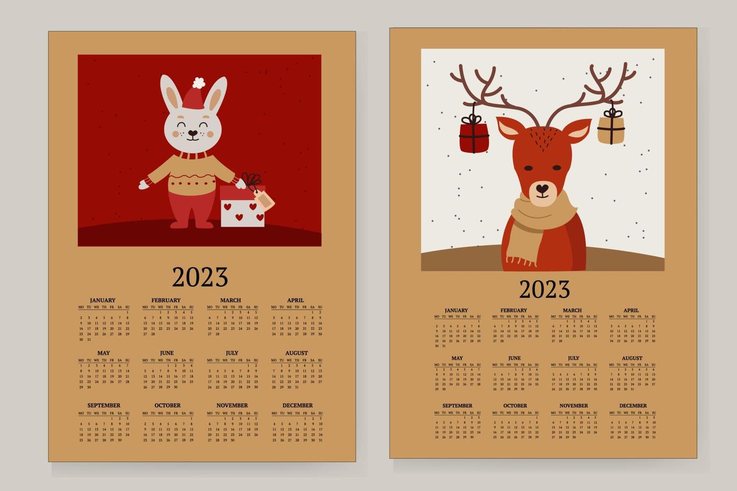 Vector illustration of the calendar year 2023. The week starts on Sunday. With a picture of a rabbit, hare and deer