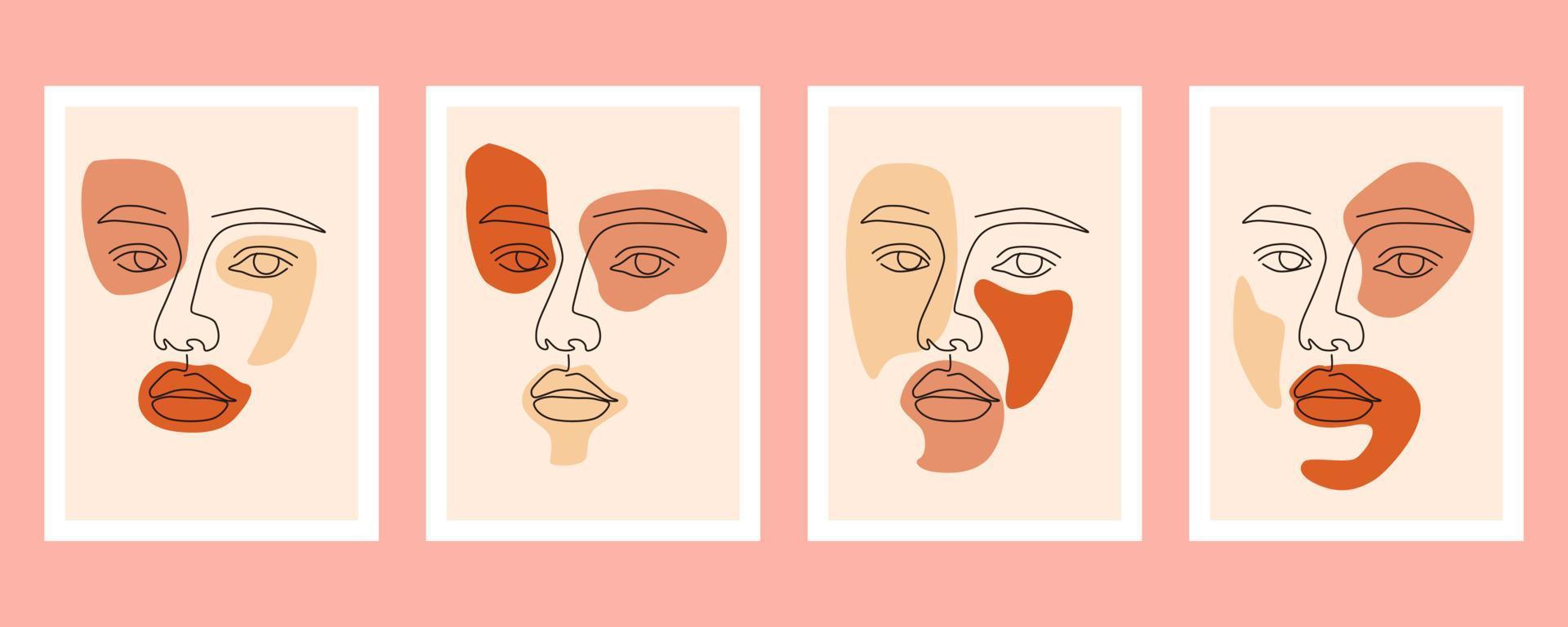 Collection of beauty woman face minimal hand drawn line art vector