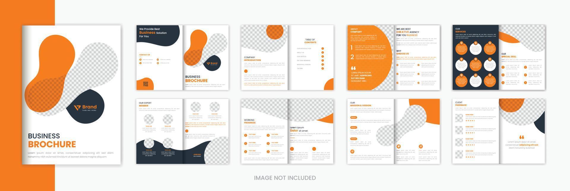 Orange corporate 8 page brochure design template with creative shape vector