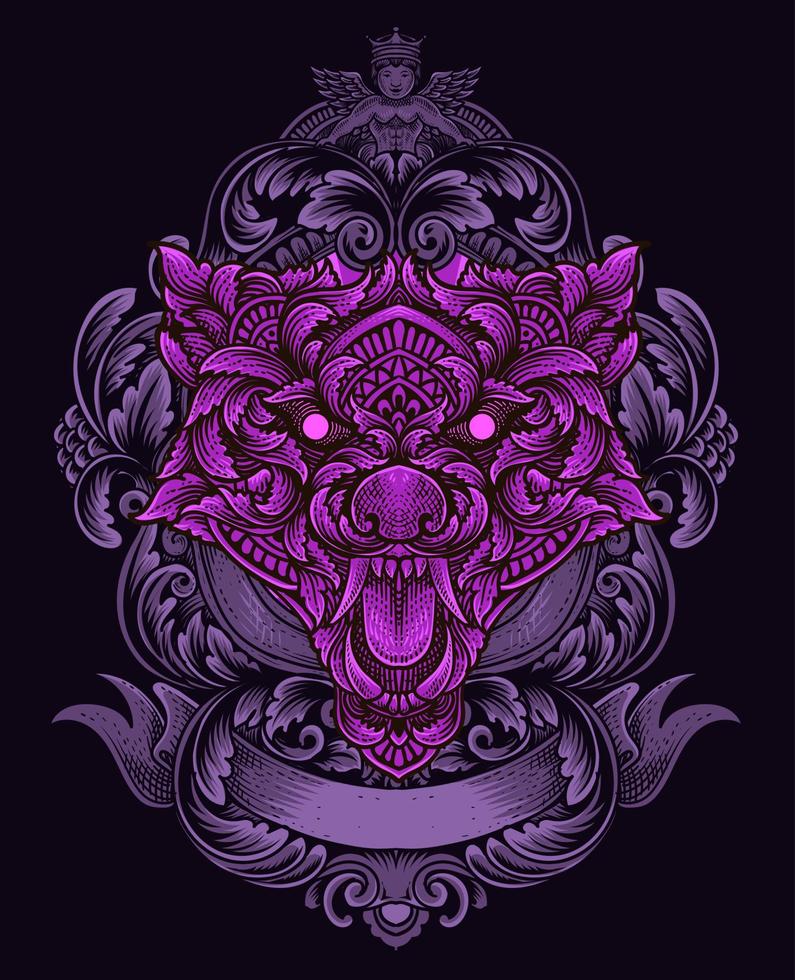 illustration wolf head with engraving ornament style vector
