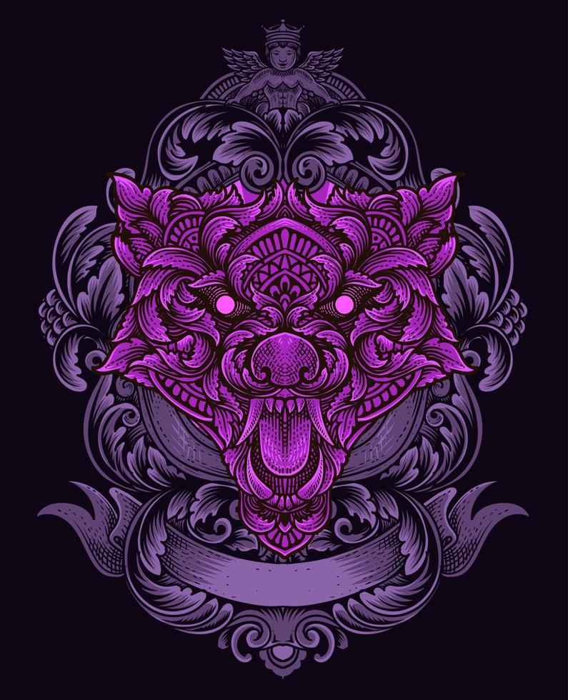 cabeza de lobo de ilustración con estilo de ornamento de grabado vector