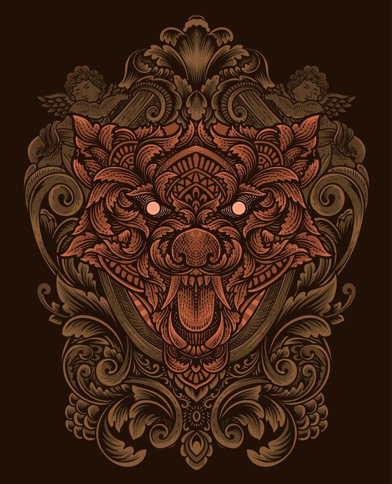 illustration wolf head with engraving ornament style vector