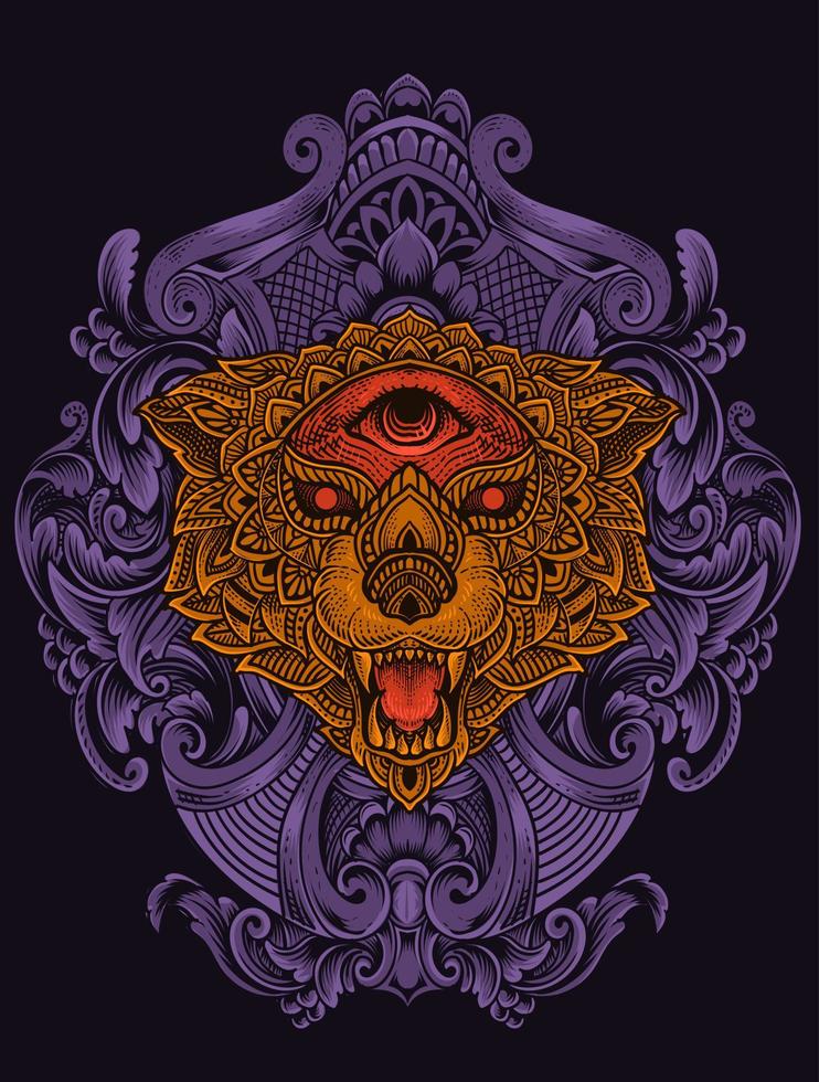 illustration wolf head with mandala style vector