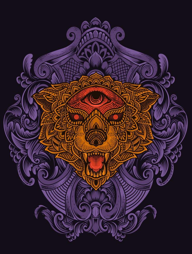 ilustración cabeza de lobo con estilo mandala vector