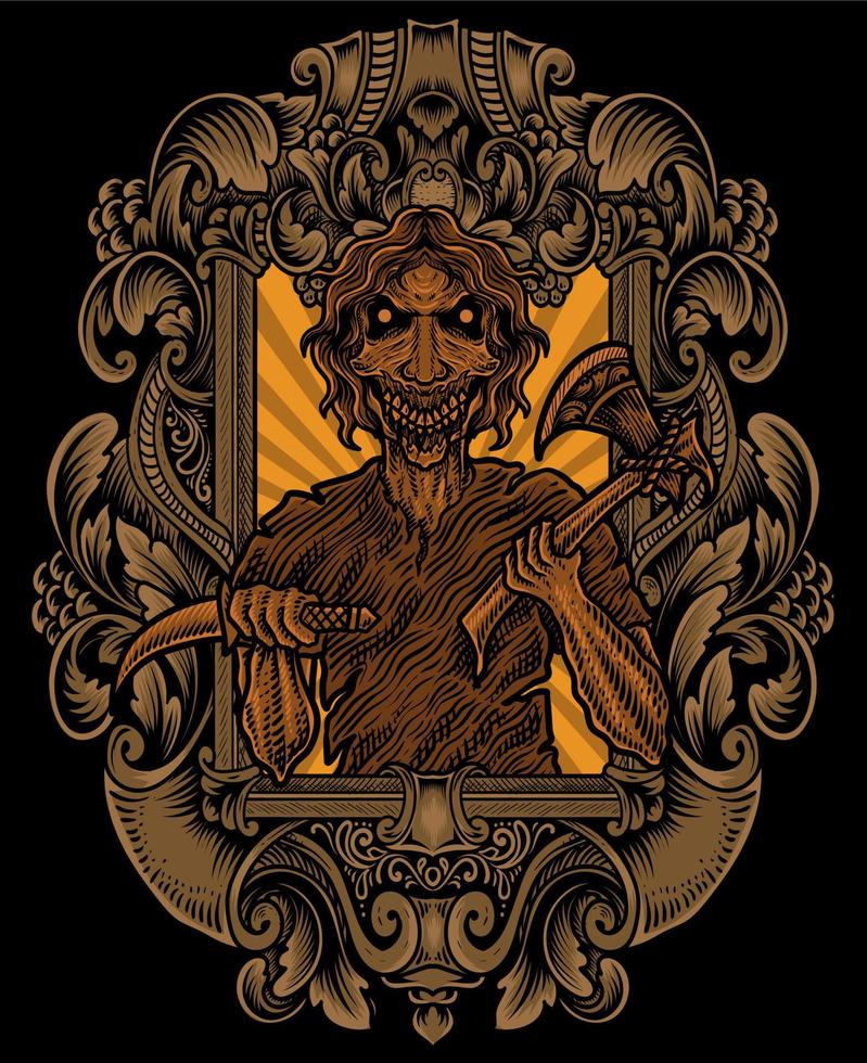 isolated scary zombie with engraving ornament frame vector