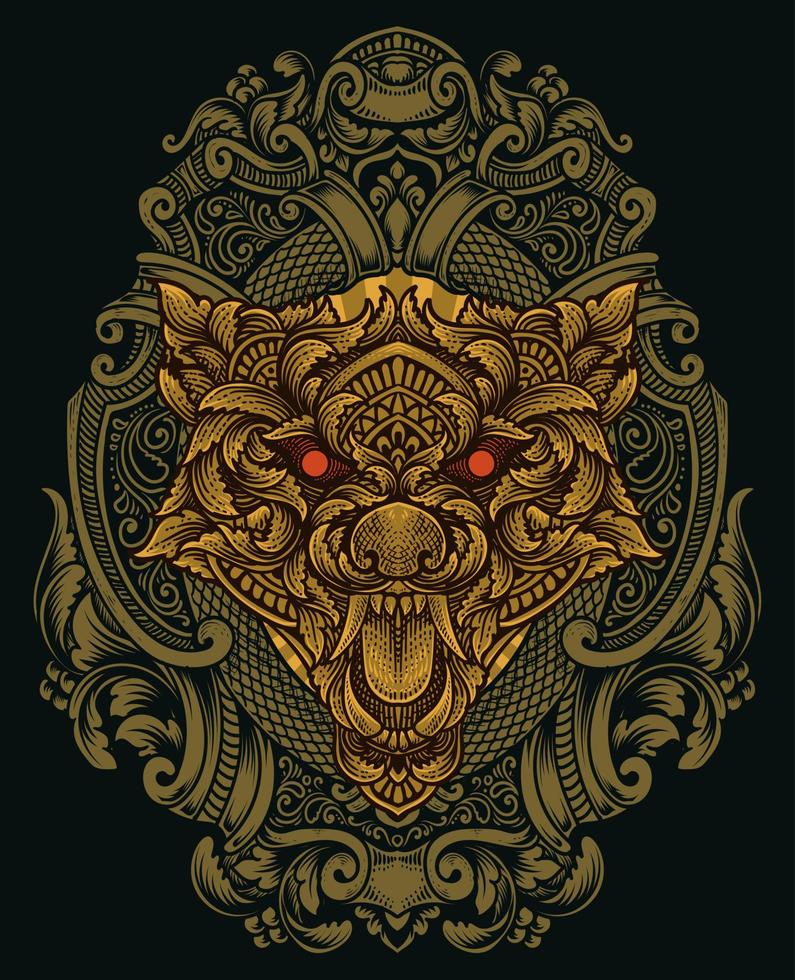 illustration wolf head with engraving ornament style vector