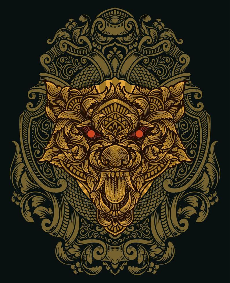 cabeza de lobo de ilustración con estilo de ornamento de grabado vector