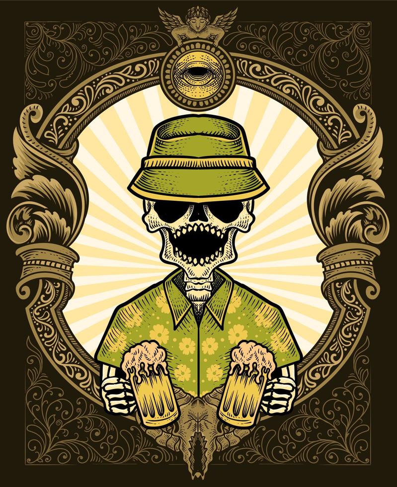 illustration skull beer with engraving ornament frame vector
