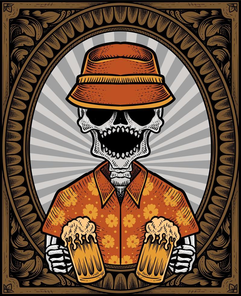 illustration skull beer with engraving ornament frame vector