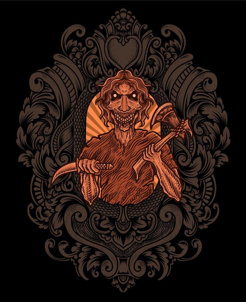 isolated scary zombie with engraving ornament frame vector
