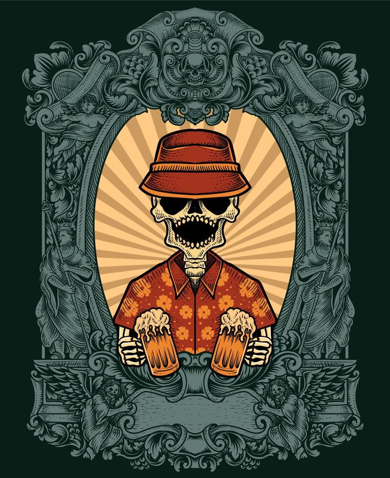 cerveza de calavera de ilustración con marco de adorno de grabado vector