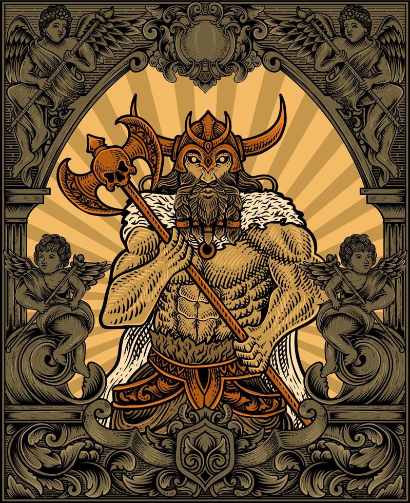ilustración antiguos guerreros vikingos con marco de adorno grabado vector