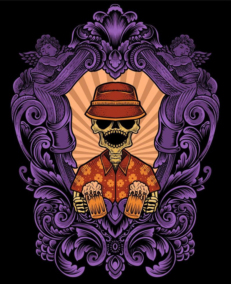illustration skull beer with engraving ornament frame vector