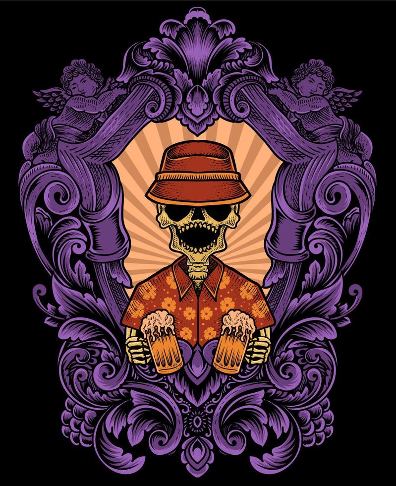 cerveza de calavera de ilustración con marco de adorno de grabado vector