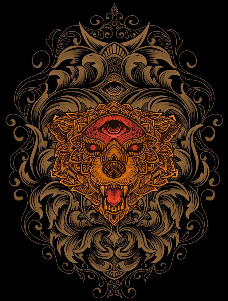 illustration wolf head mandala style with engraving ornament vector