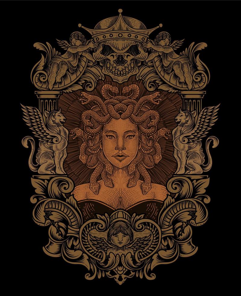 Illustration medusa head with engraving ornament frame vector
