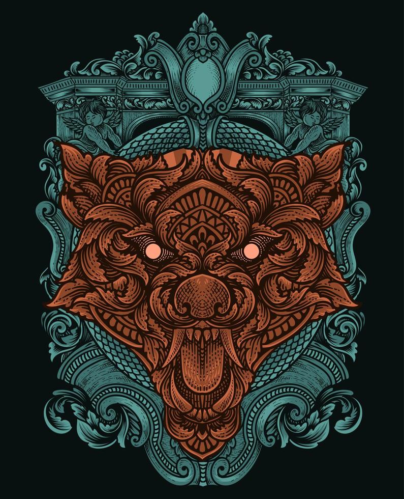 illustration wolf head with engraving ornament style vector