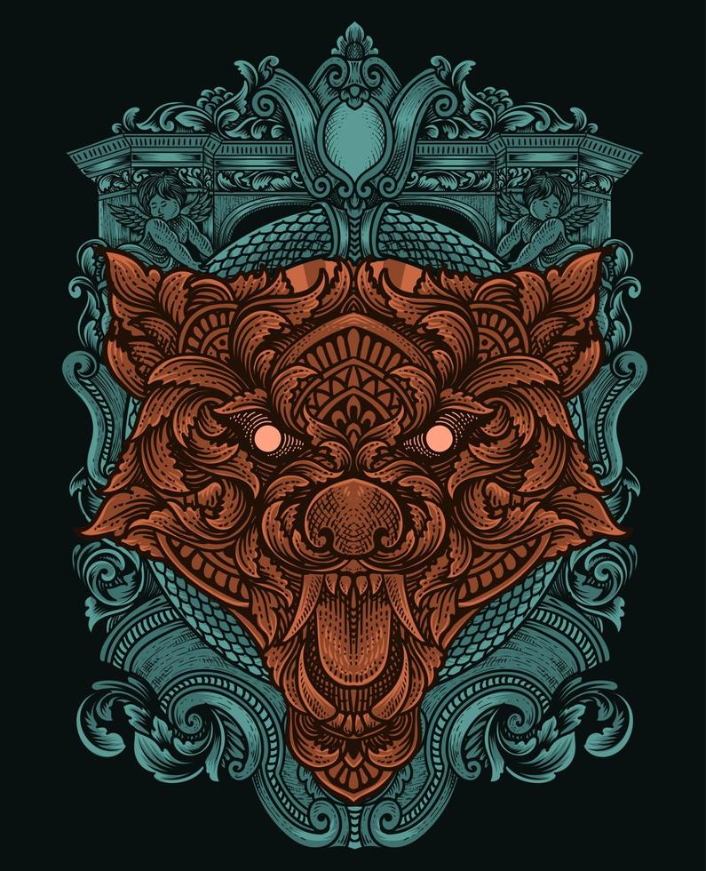 illustration wolf head with engraving ornament style vector