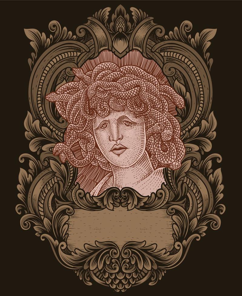 Illustration medusa head with engraving ornament frame vector