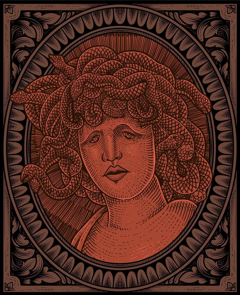 cabeza de medusa de ilustración con marco de adorno de grabado vector