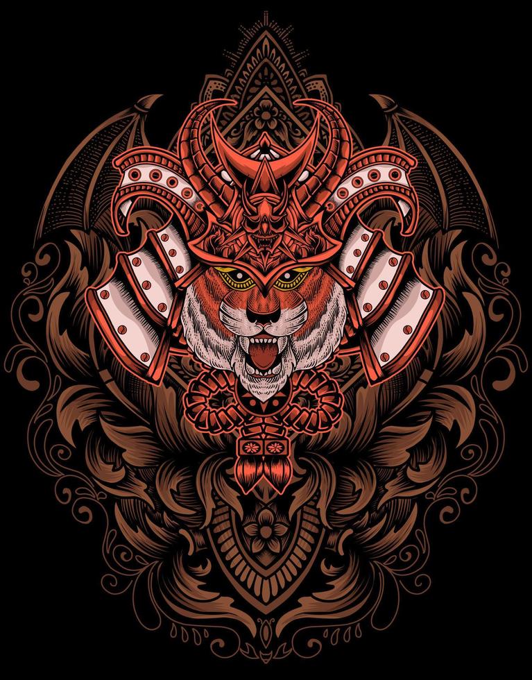 illustration tiger samurai head with engraving ornament vector