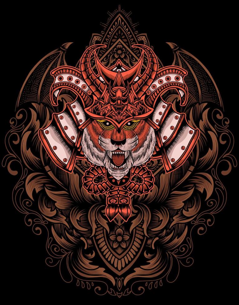 illustration tiger samurai head with engraving ornament vector