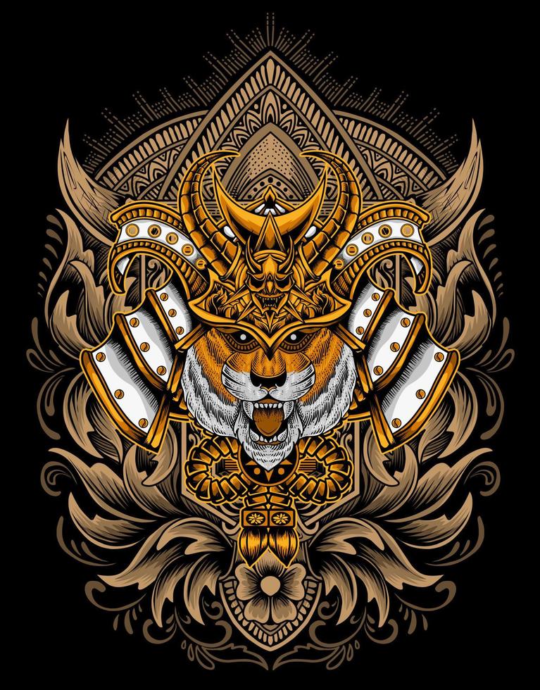 illustration tiger samurai head with engraving ornament vector