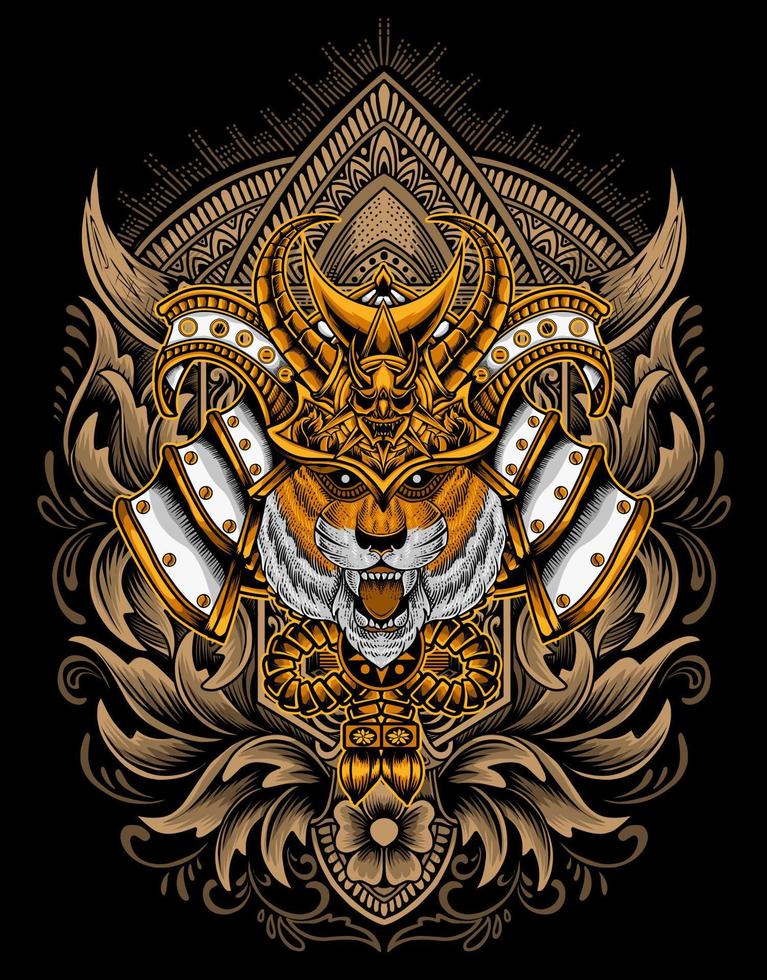 illustration tiger samurai head with engraving ornament vector