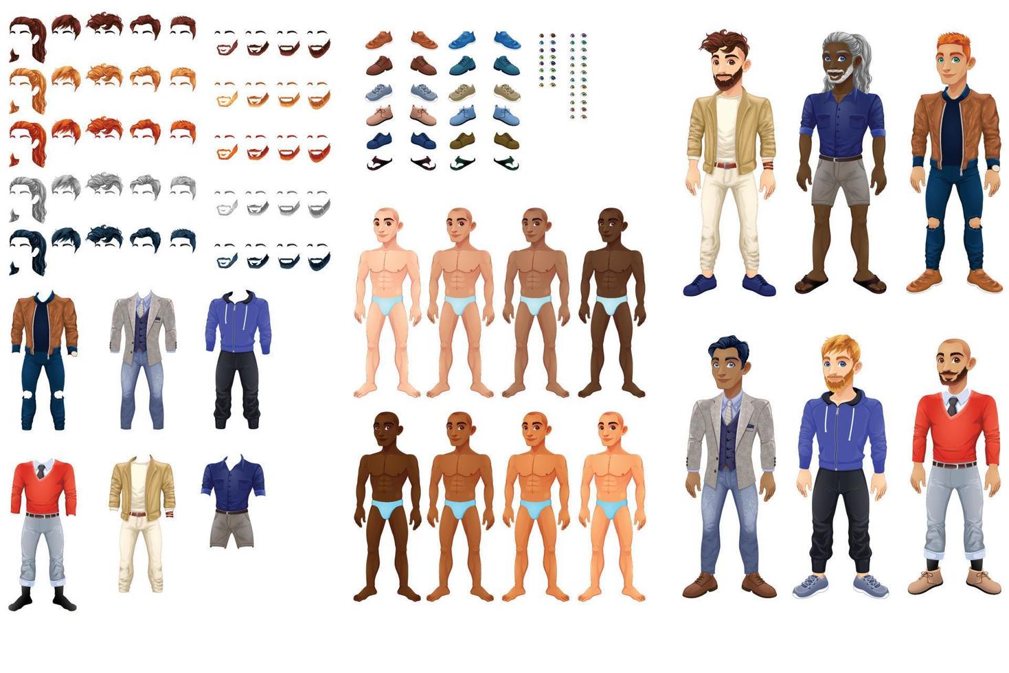 constructor de hombres en estilo plano. cara personalizable, peinado, ropa, etc. Fácil construcción de tu personaje. vector