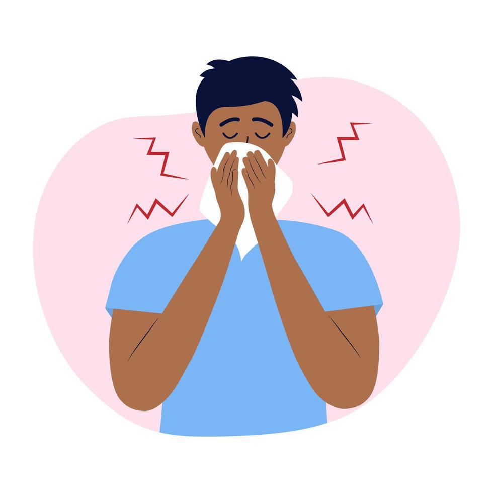 Man with a handkerchief sneezes. Symptoms of a viral disease, infection, flu, allergy. Sick male character. vector