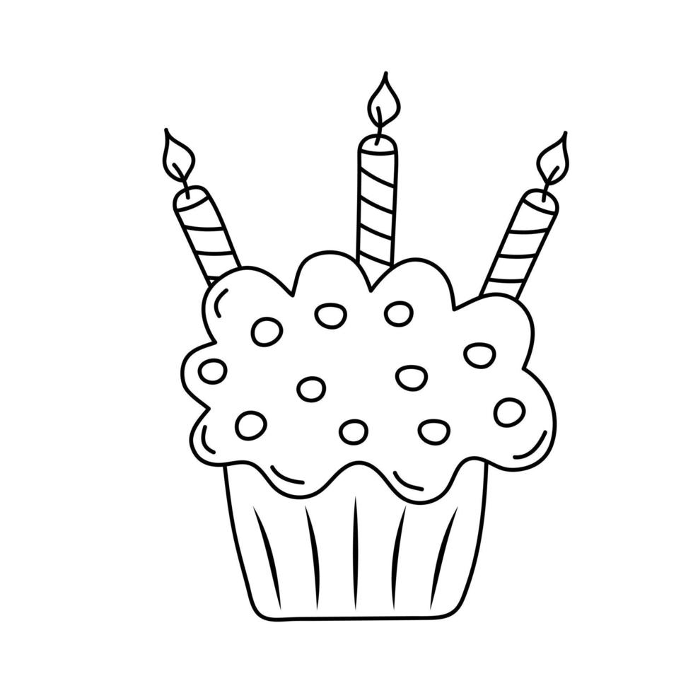 Cupcake with candles in doodle style. Birthday, celebration, holiday, party concept. Black and white vector illustration for coloring book.