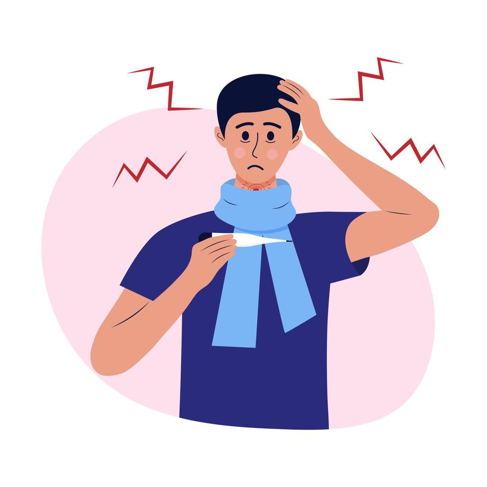 Sad sick man in a scarf with a thermometer. Male character suffers from high temperature, chills, sore throat, flu, headache. Symptoms of the disease. vector