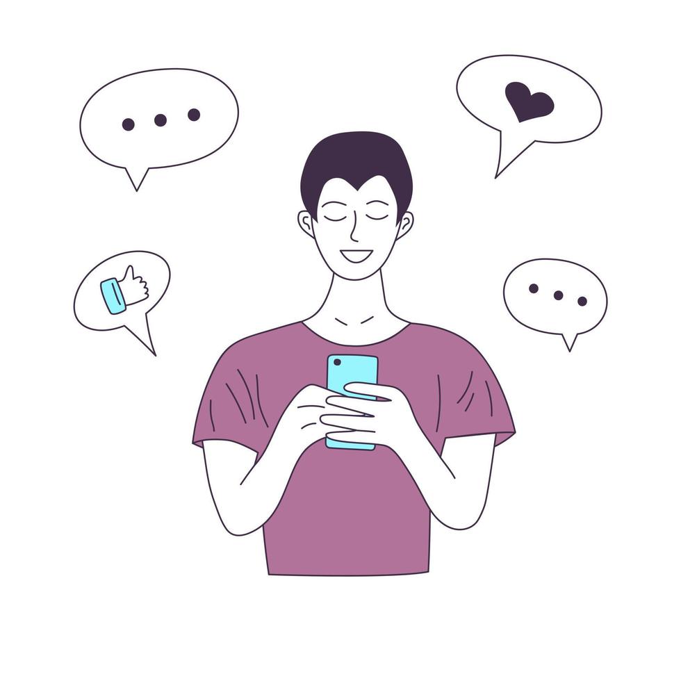 Young happy man using a smartphone and chatting. Communication, mobile, conversation, social networks concept. Person and gadget in doodle style. vector