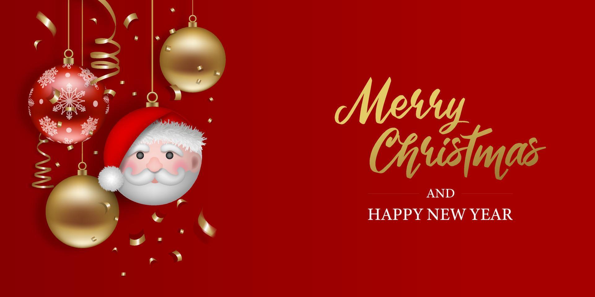 Christmas banner with christmas balls, confetti and streamers. Christmas background with funny santa claus bauble and ornaments vector