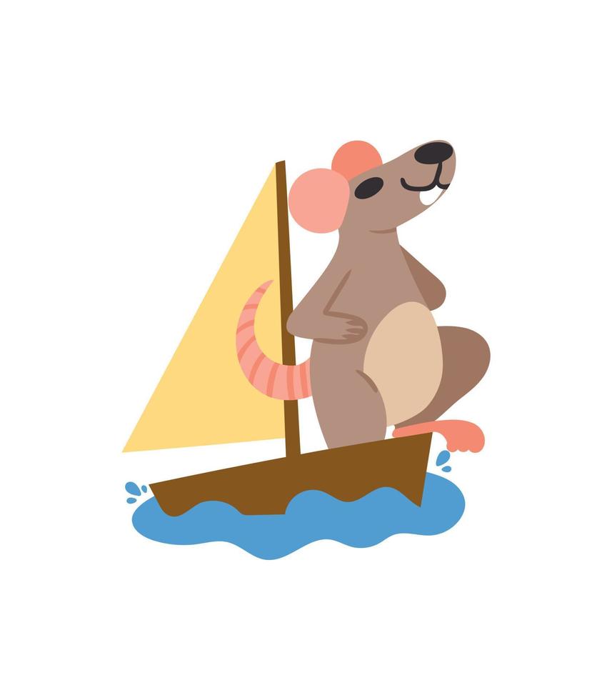 Concept of cute floating rat on yacht. Vector illustration. Sailing rat on white background. Design element. Flat simple style