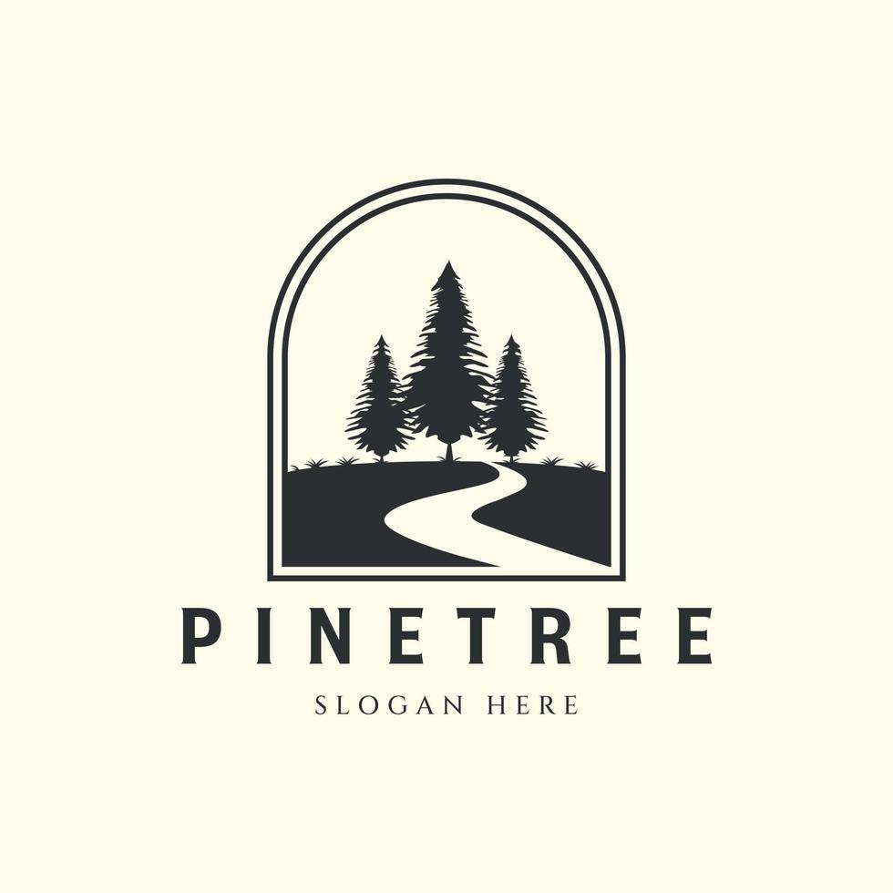 pine tree with river vintage vector style logo and emblem template illustration design