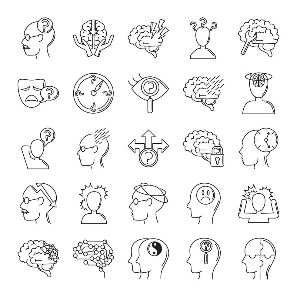 alzheimer disease, decrease in mental human ability icons set line style vector