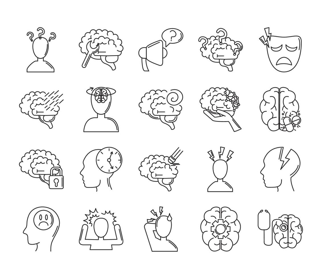 alzheimer disease, decrease in mental human ability icons set line style vector