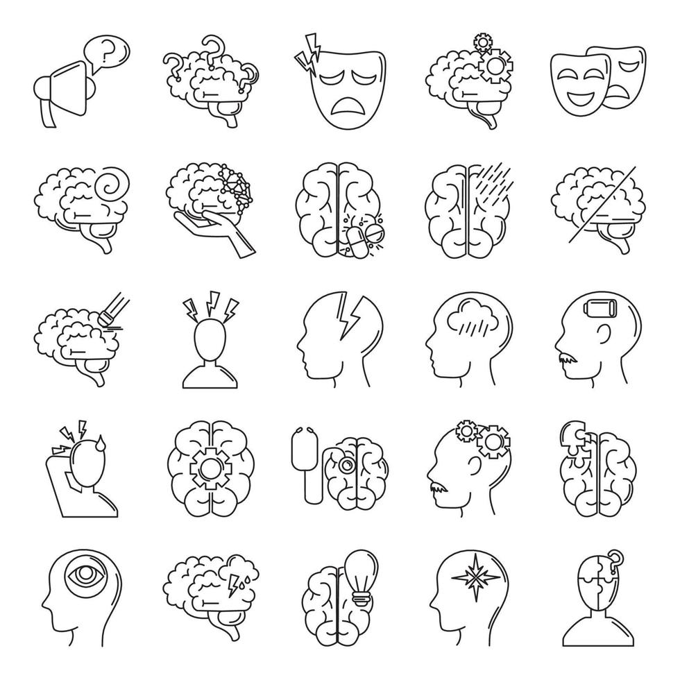 alzheimer disease, decrease in mental human ability icons set line style vector