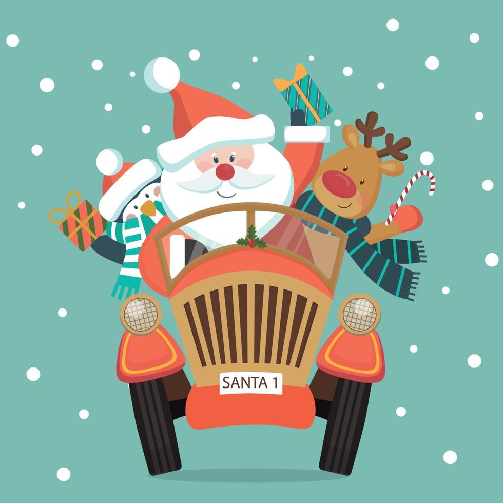 tarjeta de navidad con santa ciervo y pingüino en un auto con regalos vector