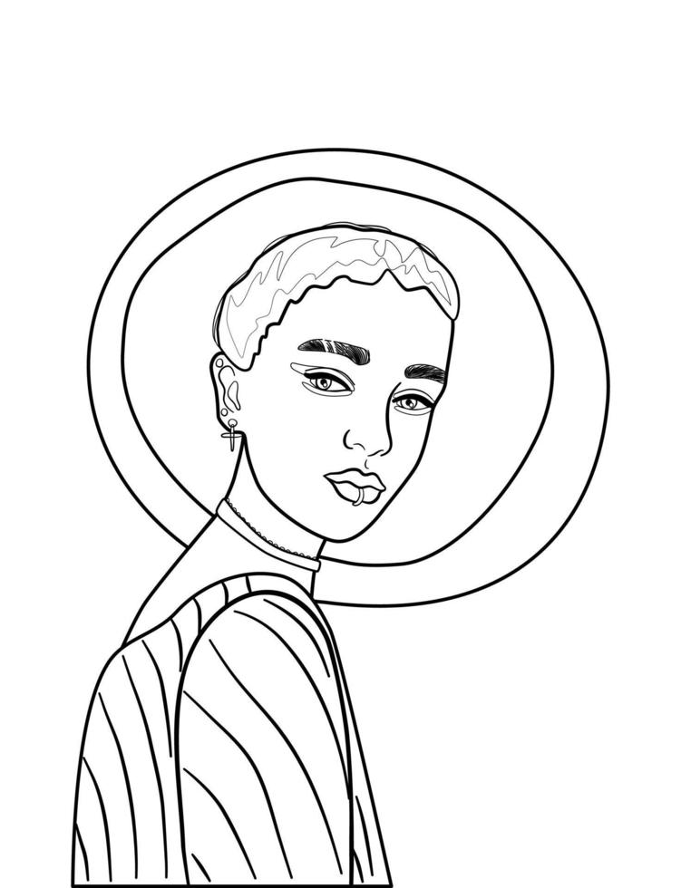 Line art portrait of young beautiful woman in hat. Simple colouring page of attractive girl in half-turn. Hipster lifestyle. vector
