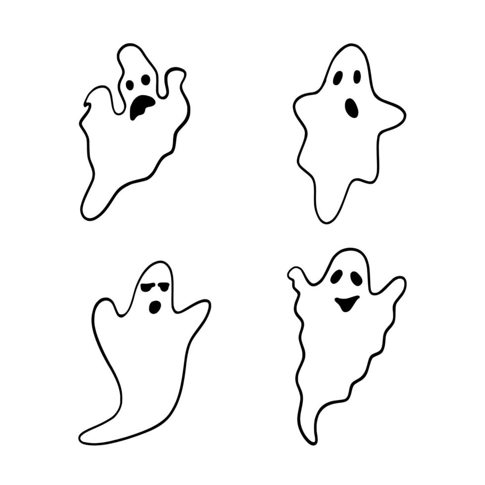 conjunto de lindo diseño de ilustración de fantasmas de halloween, doodle vector de plantilla de colección de elementos de fantasmas de halloween
