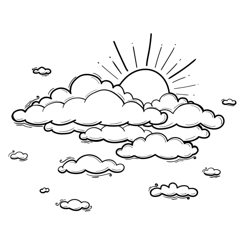 Sun and Cloud drawing in engraving outline style. Vector illustration