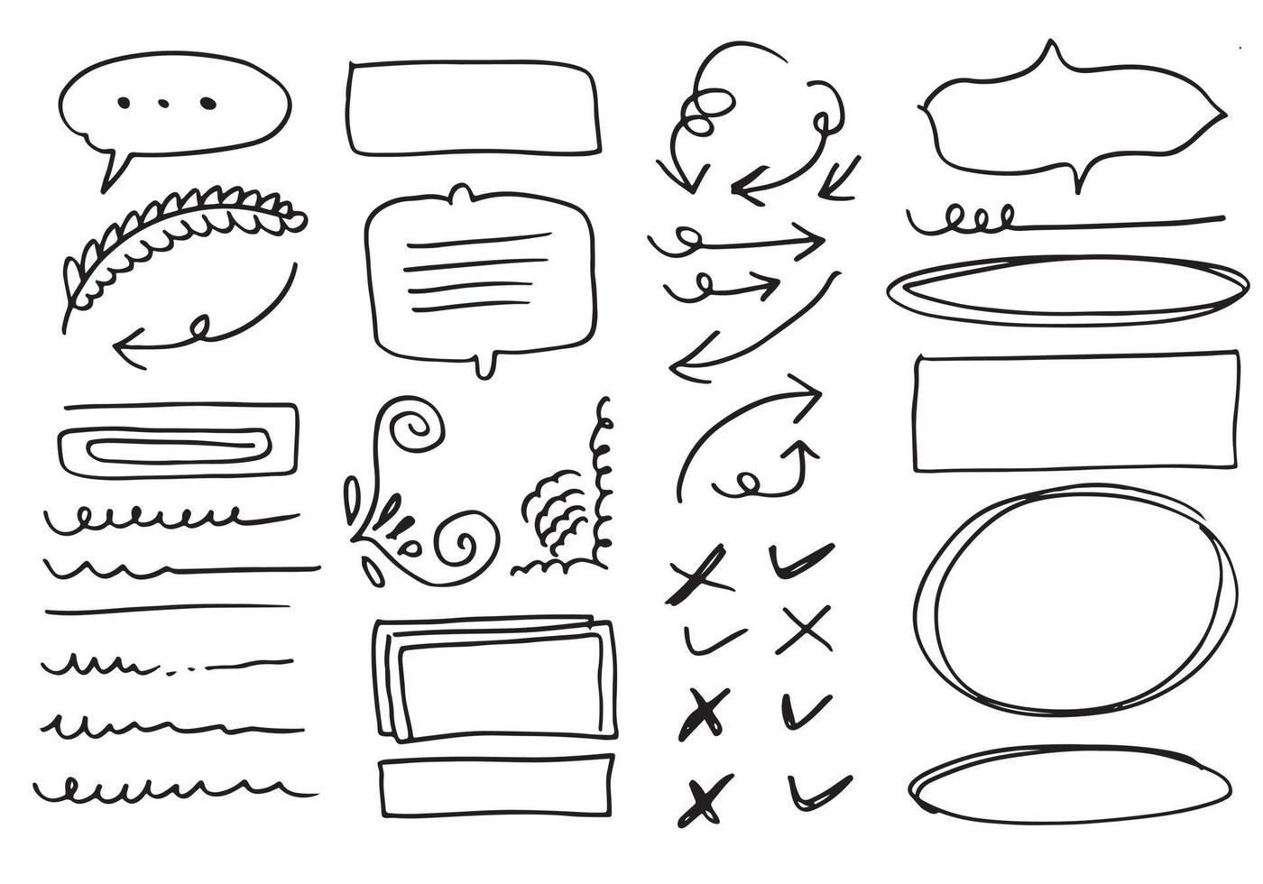 Doodle vector lines and curves.Hand drawn check and arrows signs. Set of simple doodle lines, curves, frames and spots. Collection of pencil effects. Doodle border. Simple doodle set.