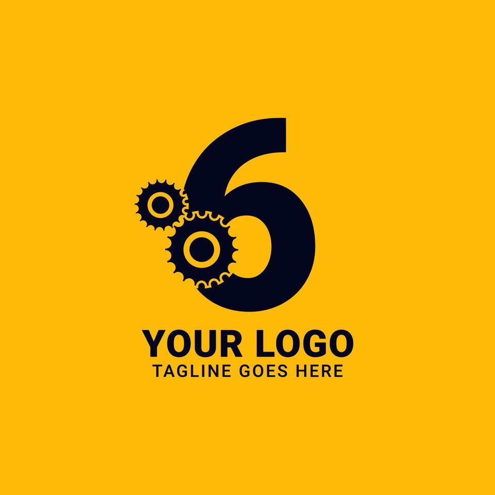 number 6 with gear for technology and mechanical vector logo design