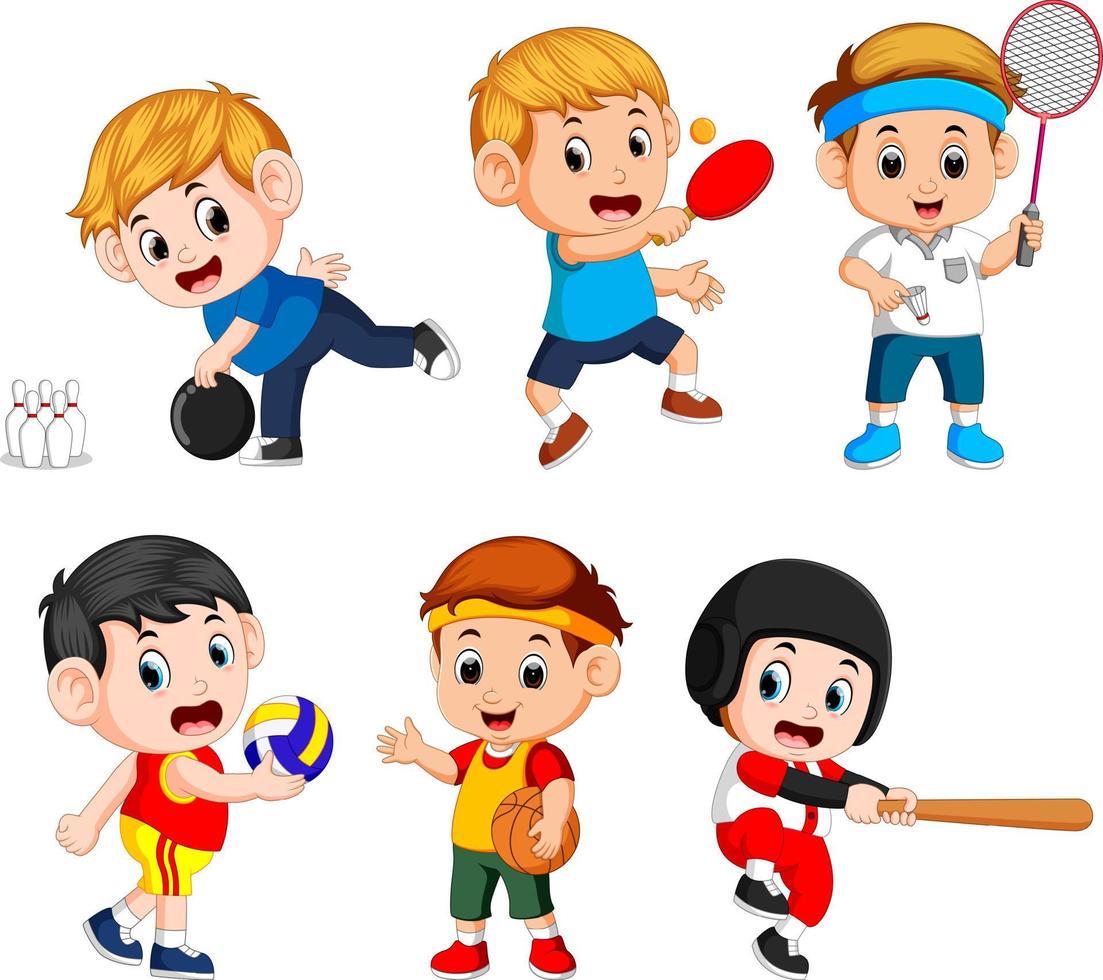 deportes de equipo para niños, incluidos baloncesto, béisbol, bolos, voleibol, bádminton, tenis de mesa vector