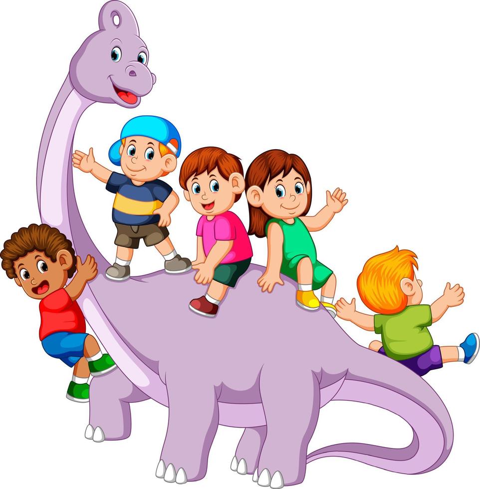 the children playing and get into the saurolophus body and some od them holding his neck it vector